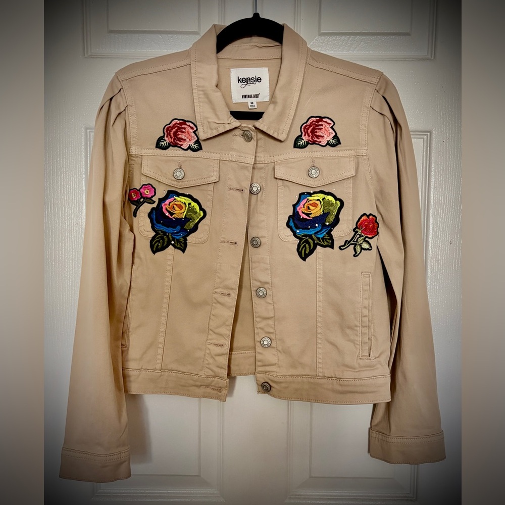 Kenzie Tan Embroidered Patches Floral Jean Jacket